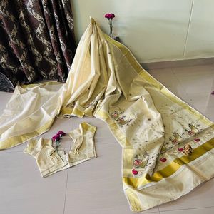 Gold 2 kerala Saree With Blouse