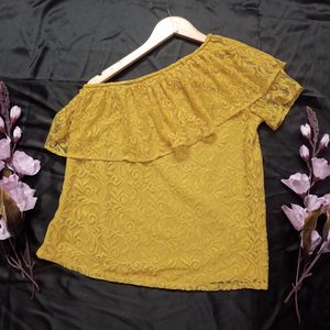 One Shoulder Lace work Mustard Top