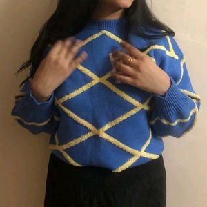 Blue Pullover Sweater With Yellow Strips Lines
