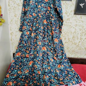 Women's Floral and Solid Front Slit A-Line Dress