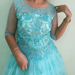 Princess Sky Blue Gown With Mirror Work