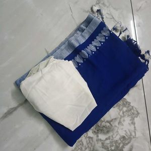 Beautiful Royal Blue Cotton Saree With White Blous