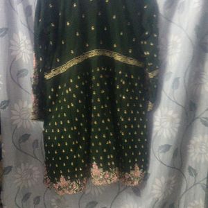 Green Frock With Multi Colour Design