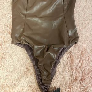 Faux Leather Brown Party Top (body Suit) ZARA