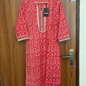 Red Floral Cotton Kurta For Women