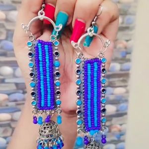 Silver Beaded Long Jhumka Earrings Multicolor