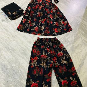 Georgette Black N Red Floral Kurta Set