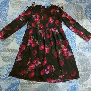 Black Floral Printed Fit And Flare Dress