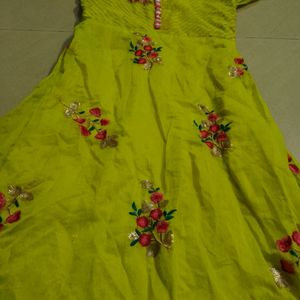 Green Colour Anarkali With Thread Flowers