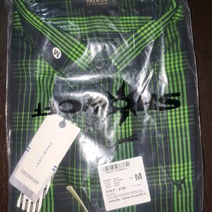 Branded Shirt Black Colour With Green Check Prints