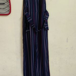 FabAlley Navy Blue Striped Belted Jumpsuit