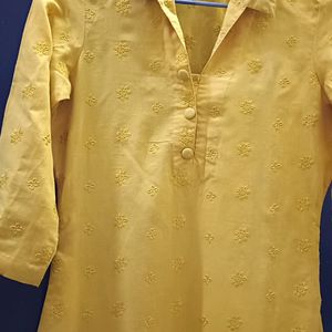 Embroidery Mustard Colour Cotton Long Kurti