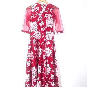 Red Velvet Floral Printed Dress