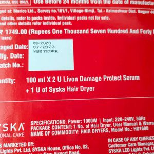 Syska Hair Dryer Brand New And Livon Hair Protection Serum