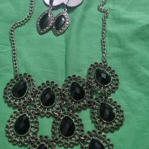 Black Oxidised Silver Necklace And Earring Set