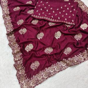 C- Blooming Vichitra silk 🛑SAREE LENGTH- 6.20 Mtr🛑SAREE WORK- Zari work with stone work🛑BLOUSE FABRIC- Vichitra silk with embroidery work🛑BLOUSE LENGTH- 0.50 Mtr with embroidery