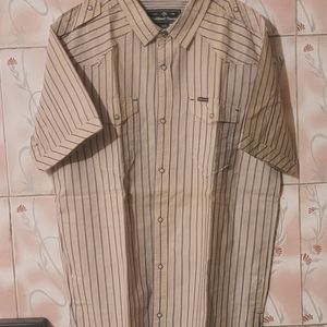 WOODLAND STRIPED COTTON CASUAL SHIRT IN FAWN COLOU