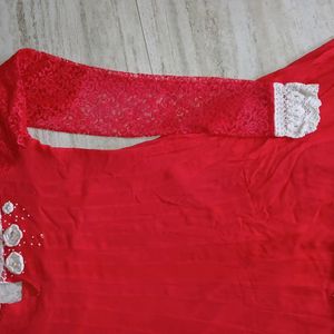 XL Size Hot Red Frock With Scarf