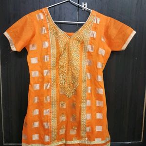 Orange Short Kurta With Golden Embroidery