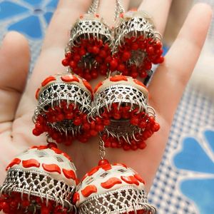 Beautiful Three Layer Jhumka Red In Color