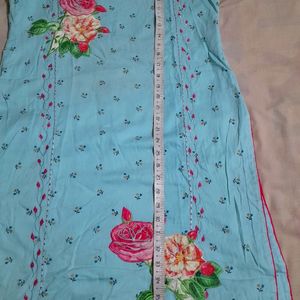 Teal Blue Coloured Buti Print With Thread and applique Work Kurti And Straight Pant.