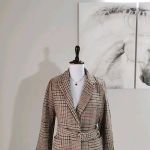 🆕 Checkered Woolen Blend Overcoat With Belt