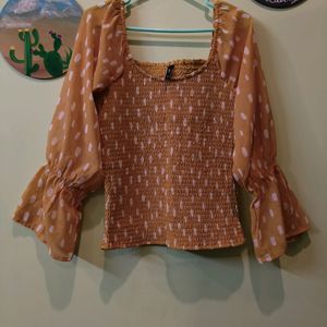 Polka Dot Print Top With Bishop Sleeves