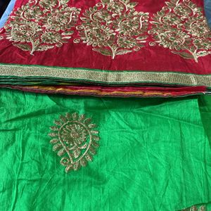 Chanderi Green & Red  Dress Material