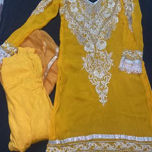 Yellow Heavy Work Stitched Suit With Bottom And Duppata