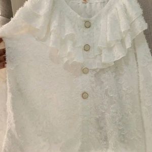 New Korean Ruffled Shoulder White Blouson