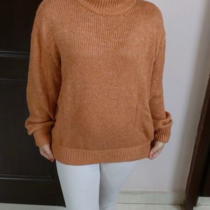 Women Orange Crew Neck Oversized Knit Rib Sweater