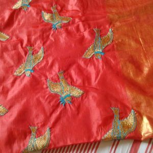 Red Bird Embroidery Design Saree