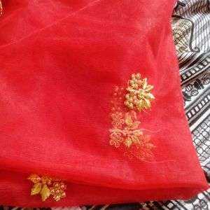 New Red Duppata With Gold Embroidery And Cut Work