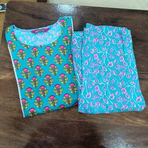 Blue And Pink Floral Kurta Set With Pant