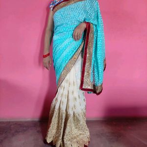 🩵Beautiful Two Color Saree For Woman🩵🤍