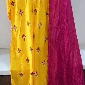Yellow Embroidery Kurti With Dupatta
