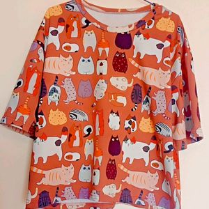 Kawaii Cat Print T-shirt (Rusty Orange)