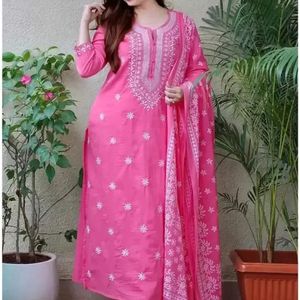 Pink chickanKari Kurti Pant Dupatta Set With Tag