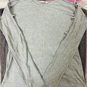 Grey Solid Long Sleeves With Cut-out Detail Top