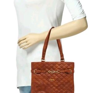 ESBEDA Tan Checked Pu Synthetic Material Handbag