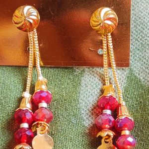 Gold and Red Dangle Earrings