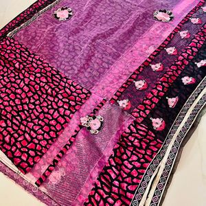 A Beautiful Pink Black Combination Floral Saree