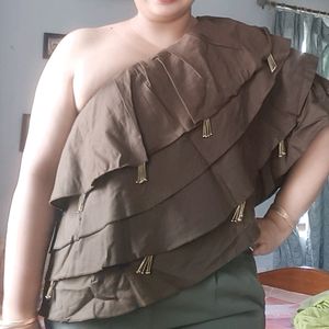 Brown One Side Off Shoulder Cape/Top