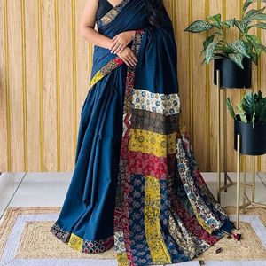 Pure Cotton With Ajrakh Hand Block printed Saree