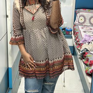 Tan and brown printed Kurti style top