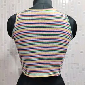 New Round Neck Striped Cut Sleeve Top