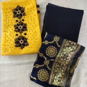 Yellow & NavyBlue Embroidery Dress Material(Women)
