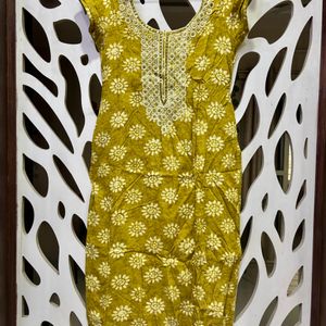 Olive Round Neck Embroidered Shalwar Suit