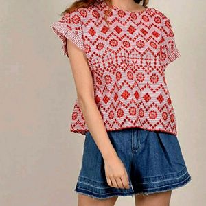 Zara Red Eyelet Embroidered Top