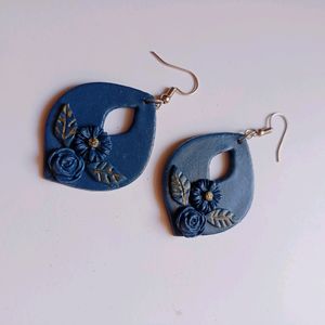 Blue And Golden Porcelain Clay Floral Earrings